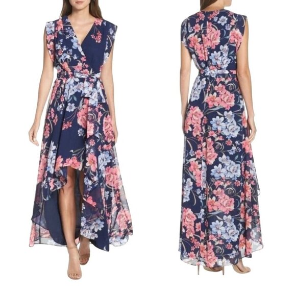 Eliza J Obi Floral Print High Low Chiffon Navy Floral Dress Size 4 - Picture 1 of 10